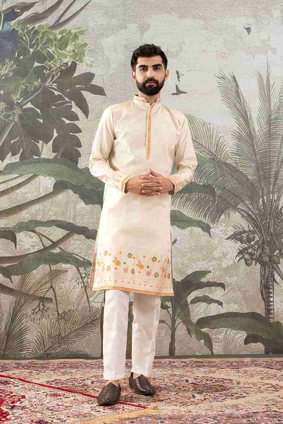 BEIGE PILLAR WITH FLOWERS PATTERN JACQUARD DESIGNER KURTA