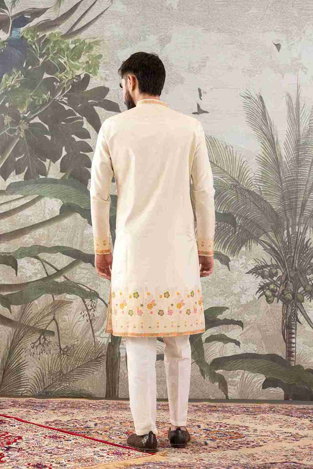 BEIGE PILLAR WITH FLOWERS PATTERN JACQUARD DESIGNER KURTA