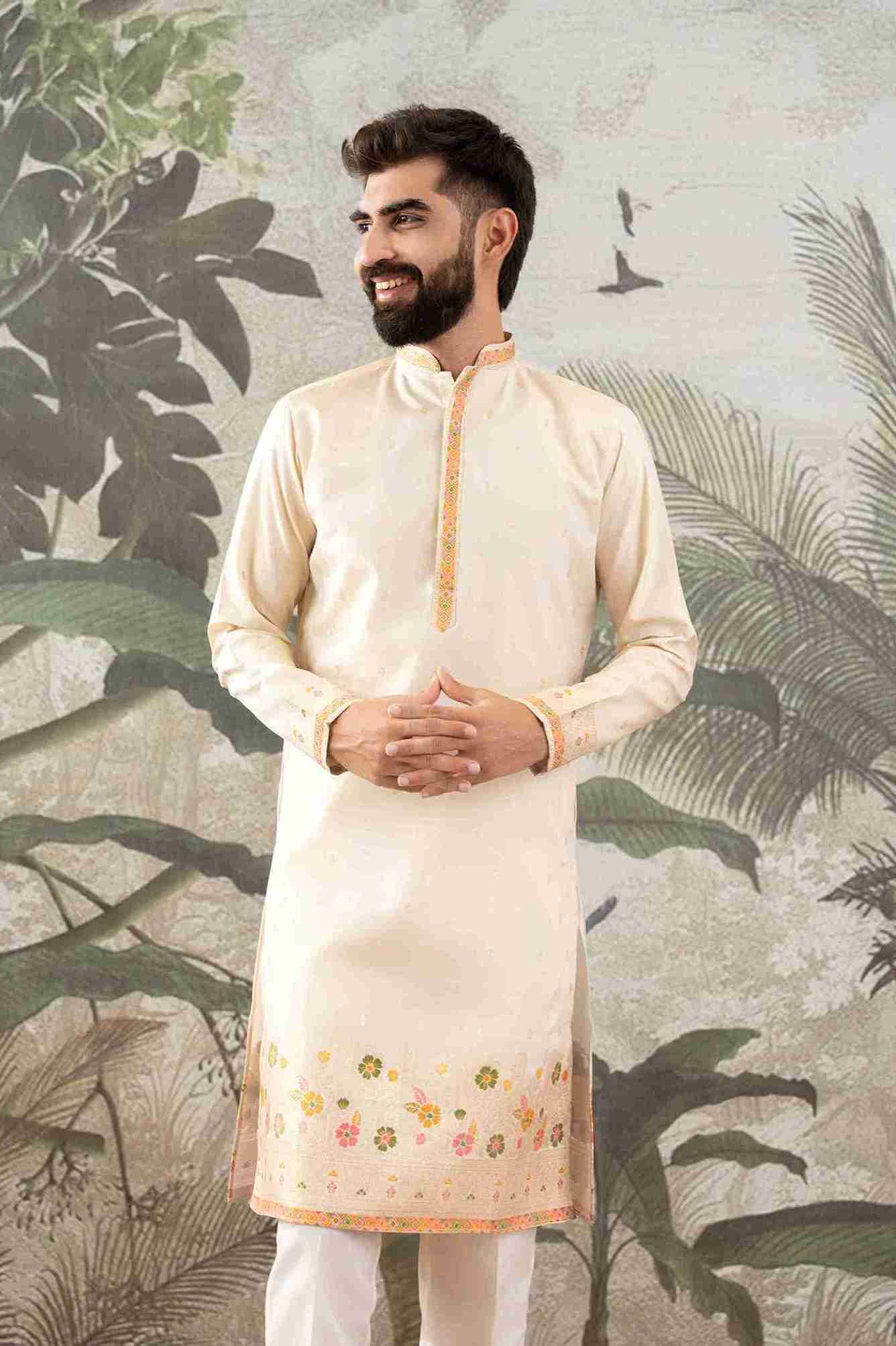 BEIGE PILLAR WITH FLOWERS PATTERN JACQUARD DESIGNER KURTA