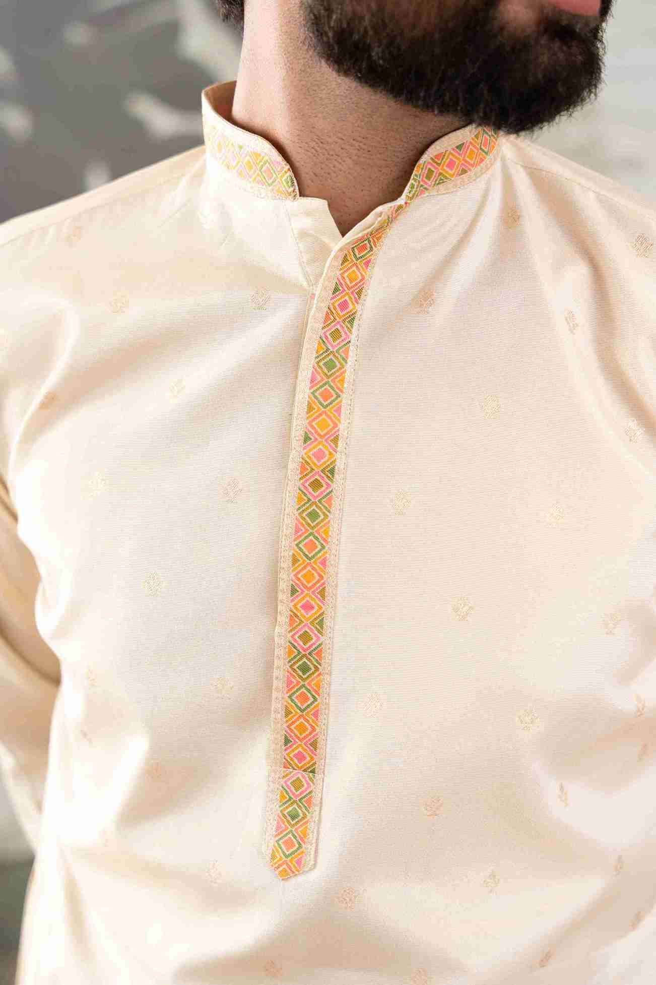 BEIGE PILLAR WITH FLOWERS PATTERN JACQUARD DESIGNER KURTA