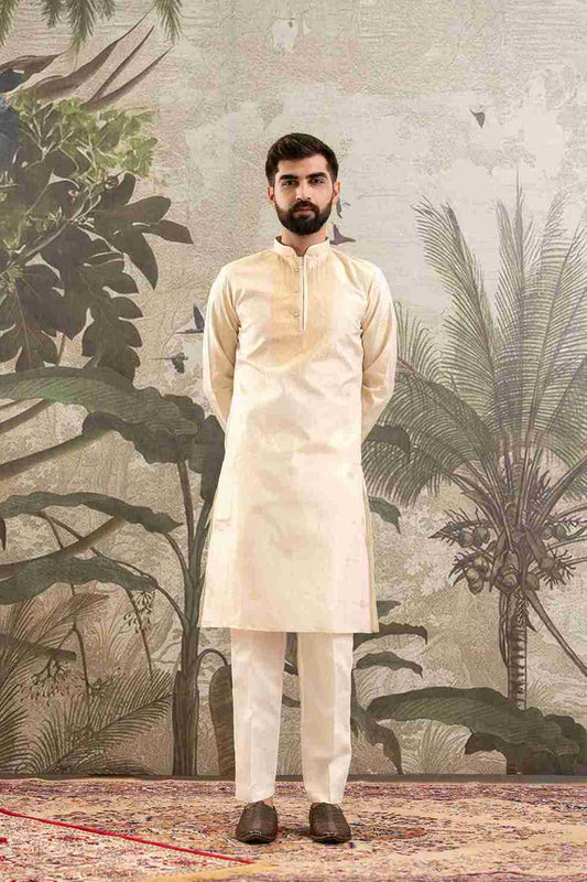 BEIGE MONOGRAM FLOWER NECK JACQUARD DESIGNER KURTA