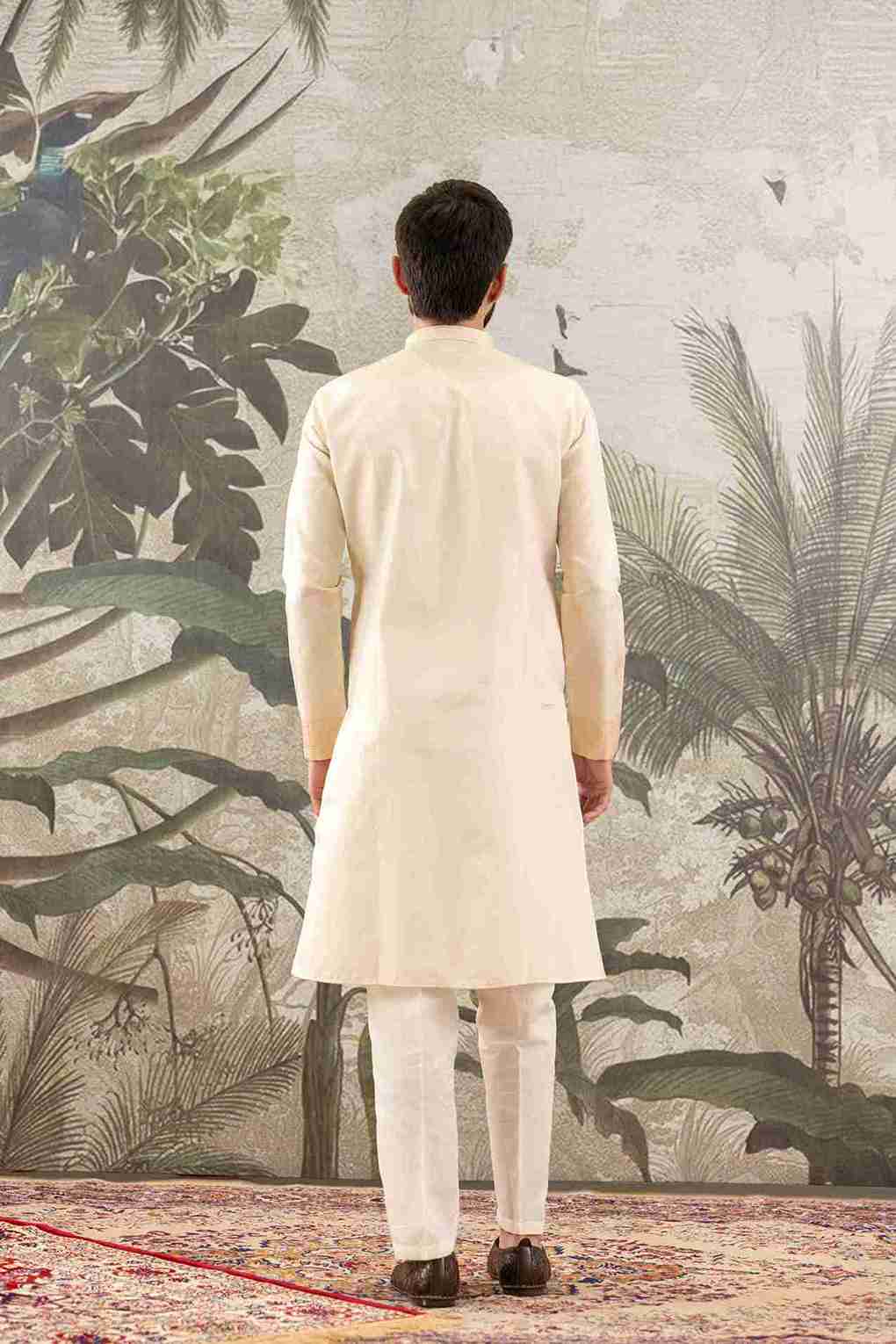 BEIGE MONOGRAM FLOWER NECK JACQUARD DESIGNER KURTA