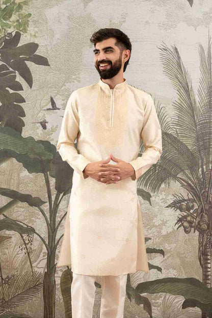 BEIGE MONOGRAM FLOWER NECK JACQUARD DESIGNER KURTA