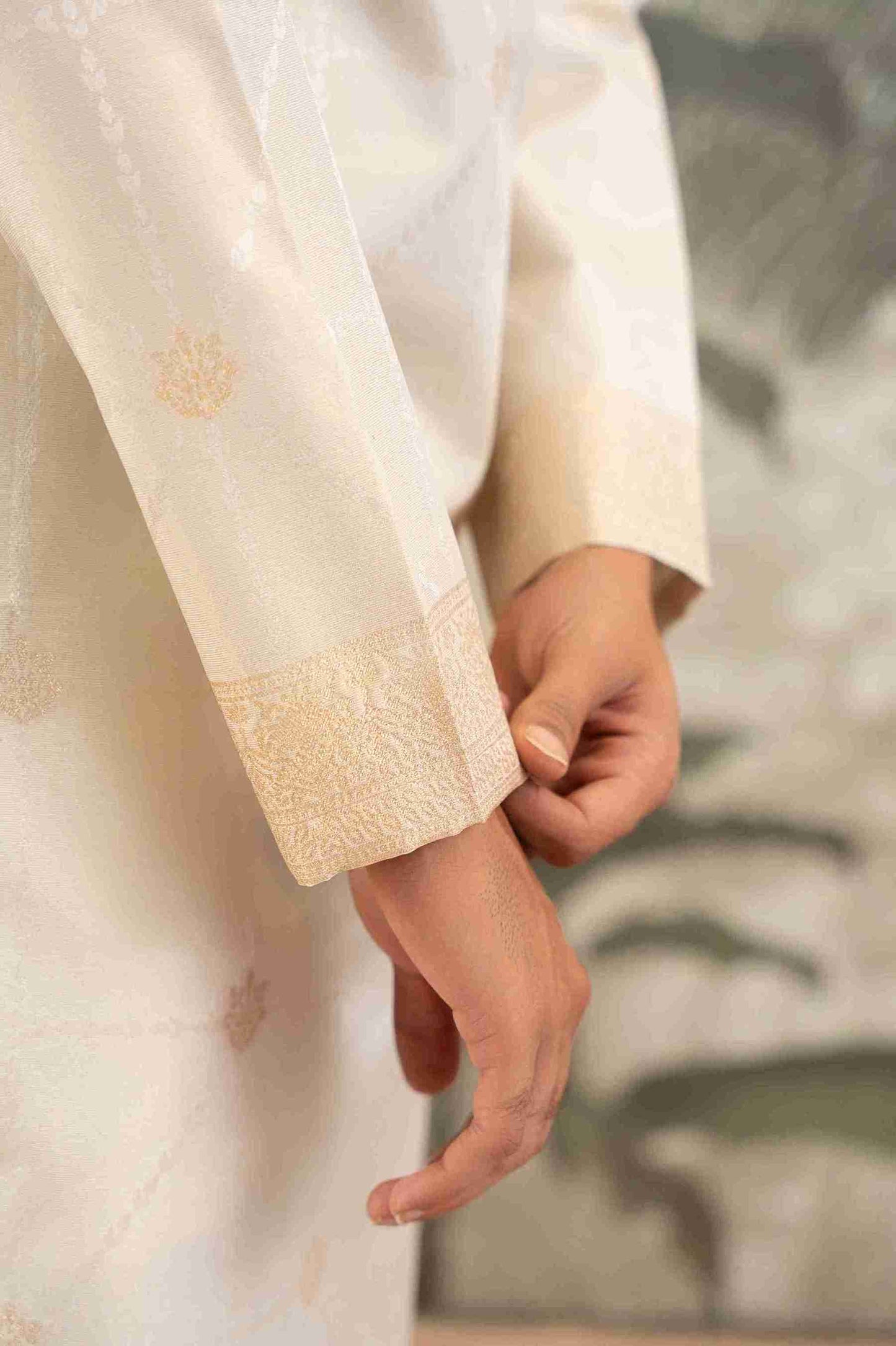 BEIGE MONOGRAM FLOWER NECK JACQUARD DESIGNER KURTA
