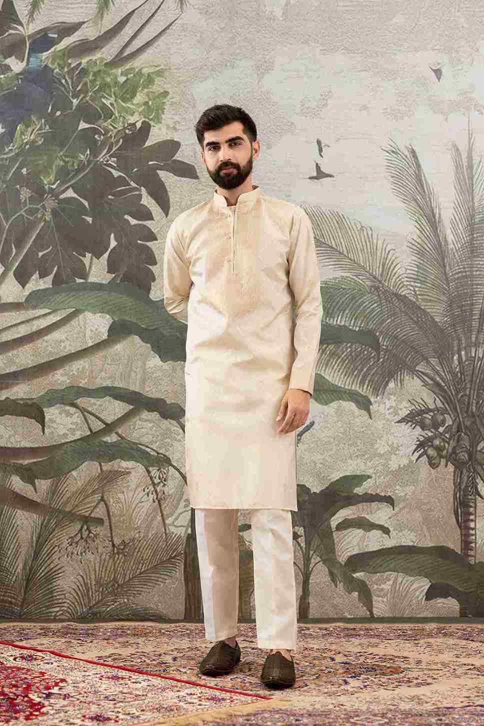 BEIGE MONOGRAM FLOWER NECK JACQUARD DESIGNER KURTA