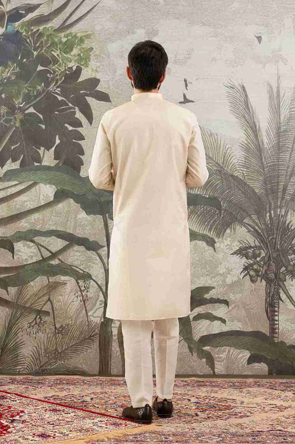 BEIGE MONOGRAM FLOWER NECK JACQUARD DESIGNER KURTA