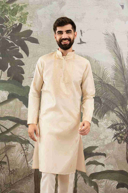 BEIGE MONOGRAM FLOWER NECK JACQUARD DESIGNER KURTA