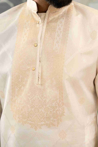 BEIGE MONOGRAM FLOWER NECK JACQUARD DESIGNER KURTA