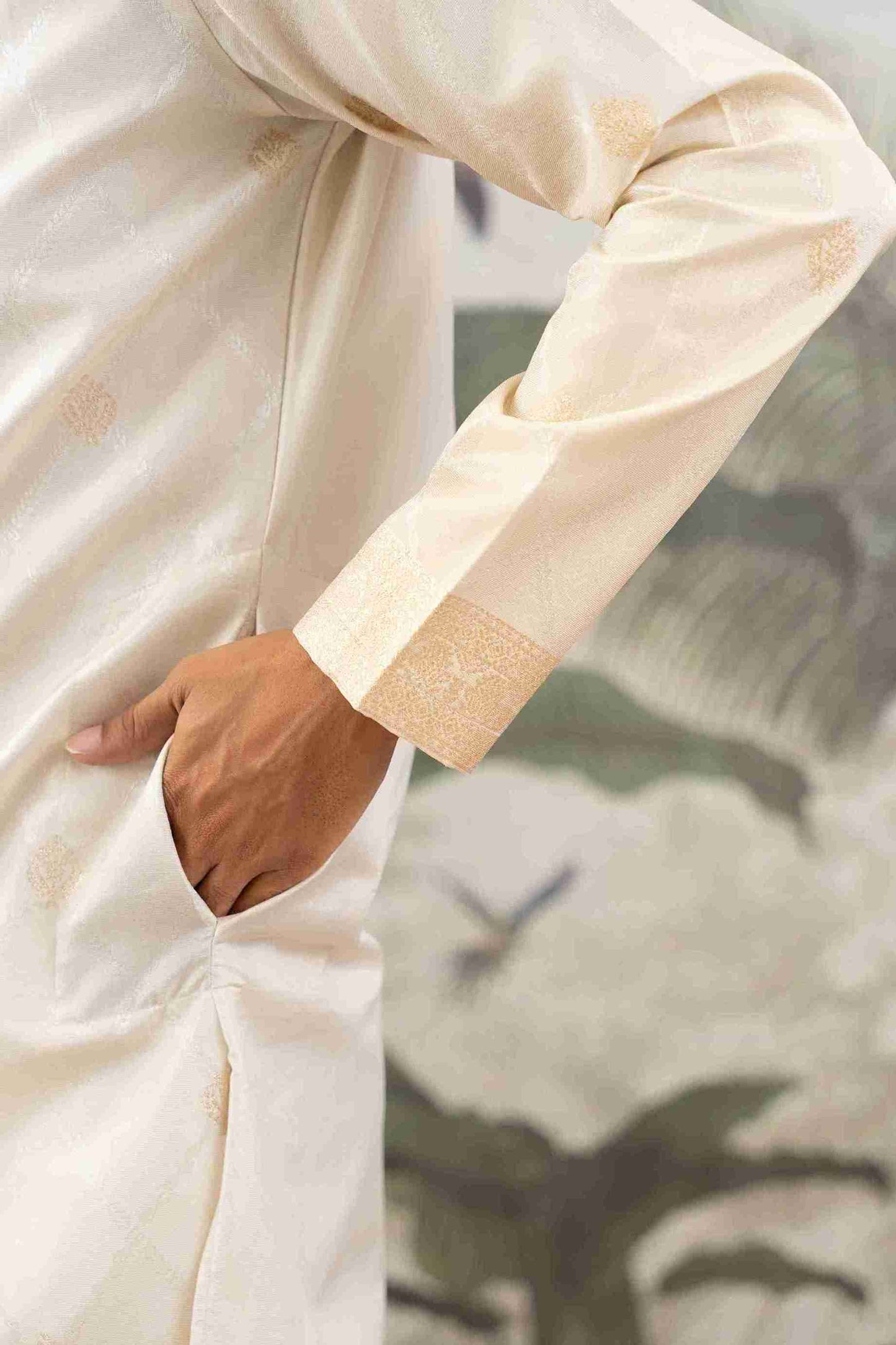 BEIGE MONOGRAM FLOWER NECK JACQUARD DESIGNER KURTA