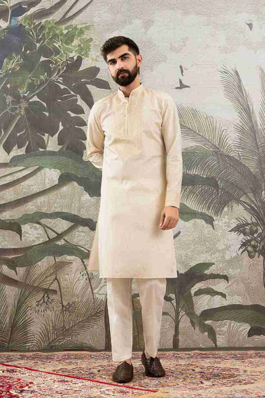 BEIGE MONOGRAM FLOWER NECK JACQUARD DESIGNER KURTA