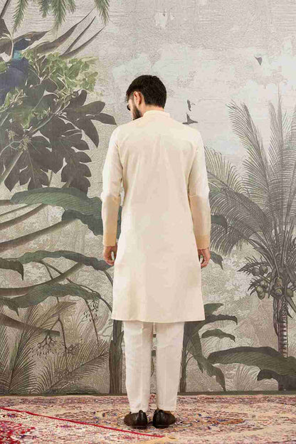 BEIGE MONOGRAM FLOWER NECK JACQUARD DESIGNER KURTA