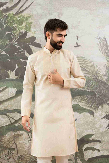BEIGE MONOGRAM FLOWER NECK JACQUARD DESIGNER KURTA
