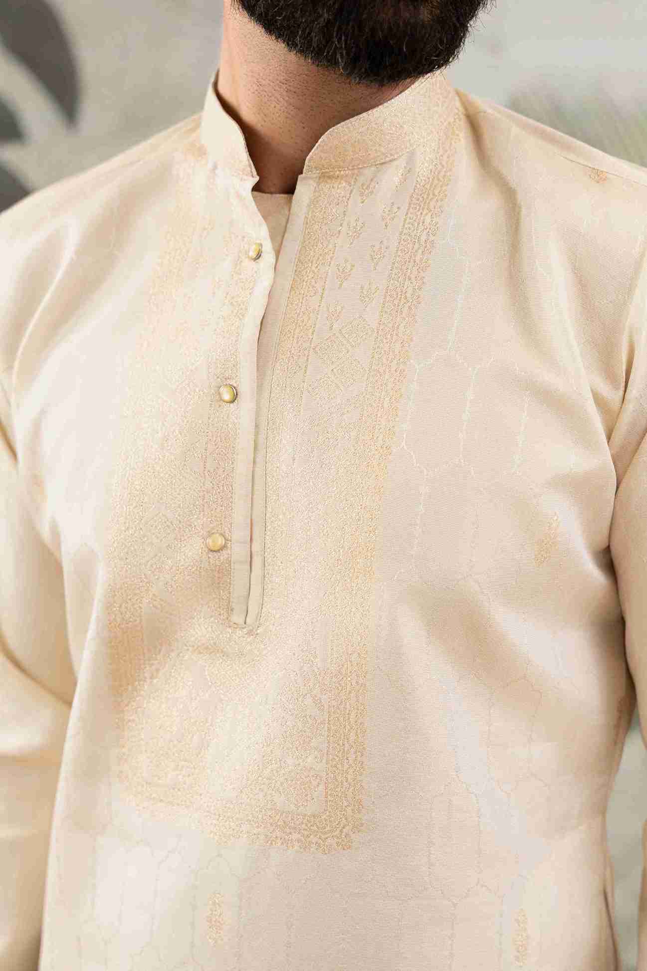 BEIGE MONOGRAM FLOWER NECK JACQUARD DESIGNER KURTA