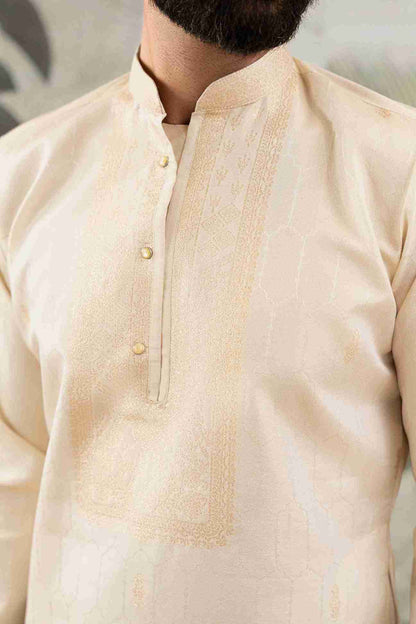 BEIGE MONOGRAM FLOWER NECK JACQUARD DESIGNER KURTA