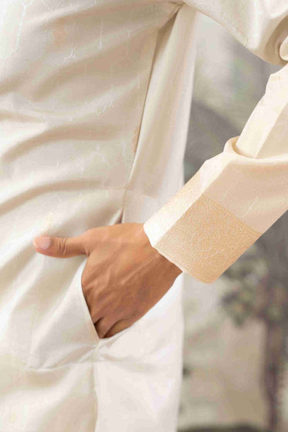 BEIGE MONOGRAM FLOWER NECK JACQUARD DESIGNER KURTA