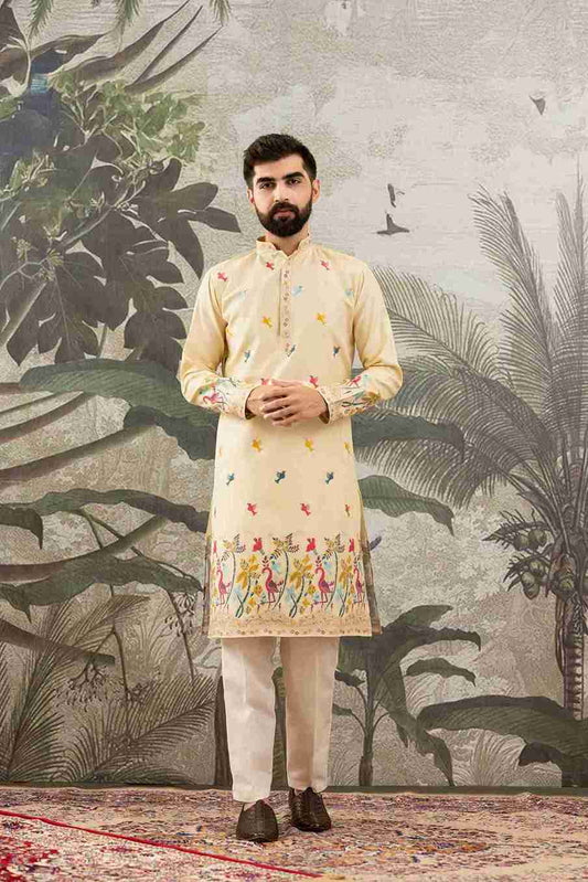 YELLOW FLAMINGO JACQUARD DESIGNER KURTA