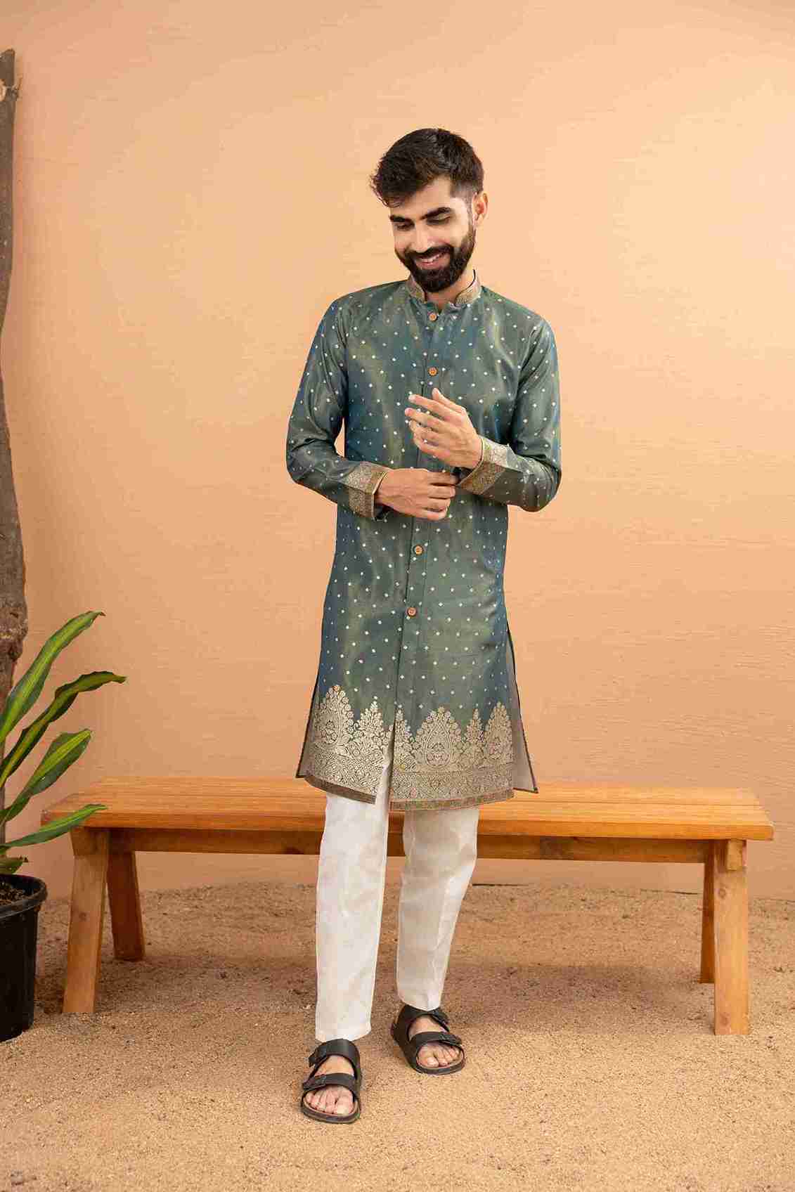 LIGHT GREEN FLOWER BOUQUET PATTERN JACQUARD DESIGNER INDO-WESTERN KURTA