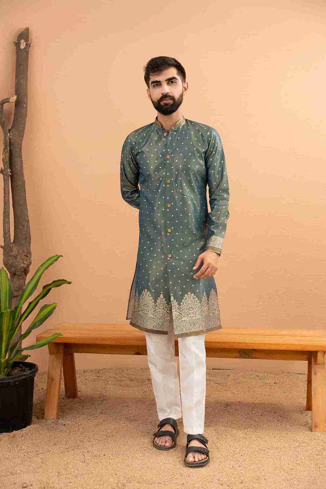 LIGHT GREEN FLOWER BOUQUET PATTERN JACQUARD DESIGNER INDO-WESTERN KURTA