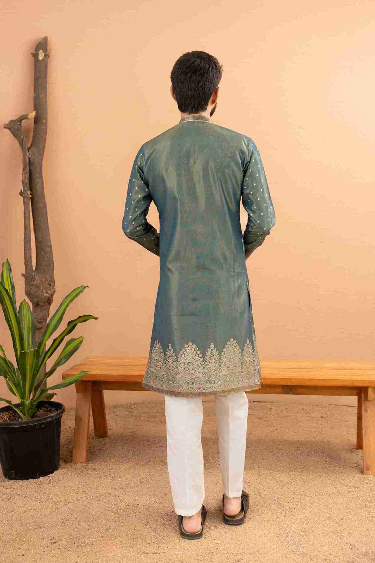 LIGHT GREEN FLOWER BOUQUET PATTERN JACQUARD DESIGNER INDO-WESTERN KURTA