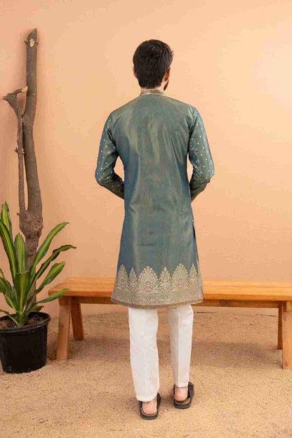 LIGHT GREEN FLOWER BOUQUET PATTERN JACQUARD DESIGNER INDO-WESTERN KURTA