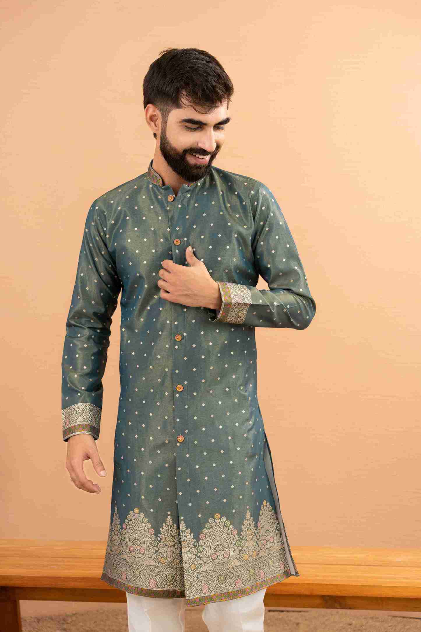 LIGHT GREEN FLOWER BOUQUET PATTERN JACQUARD DESIGNER INDO-WESTERN KURTA