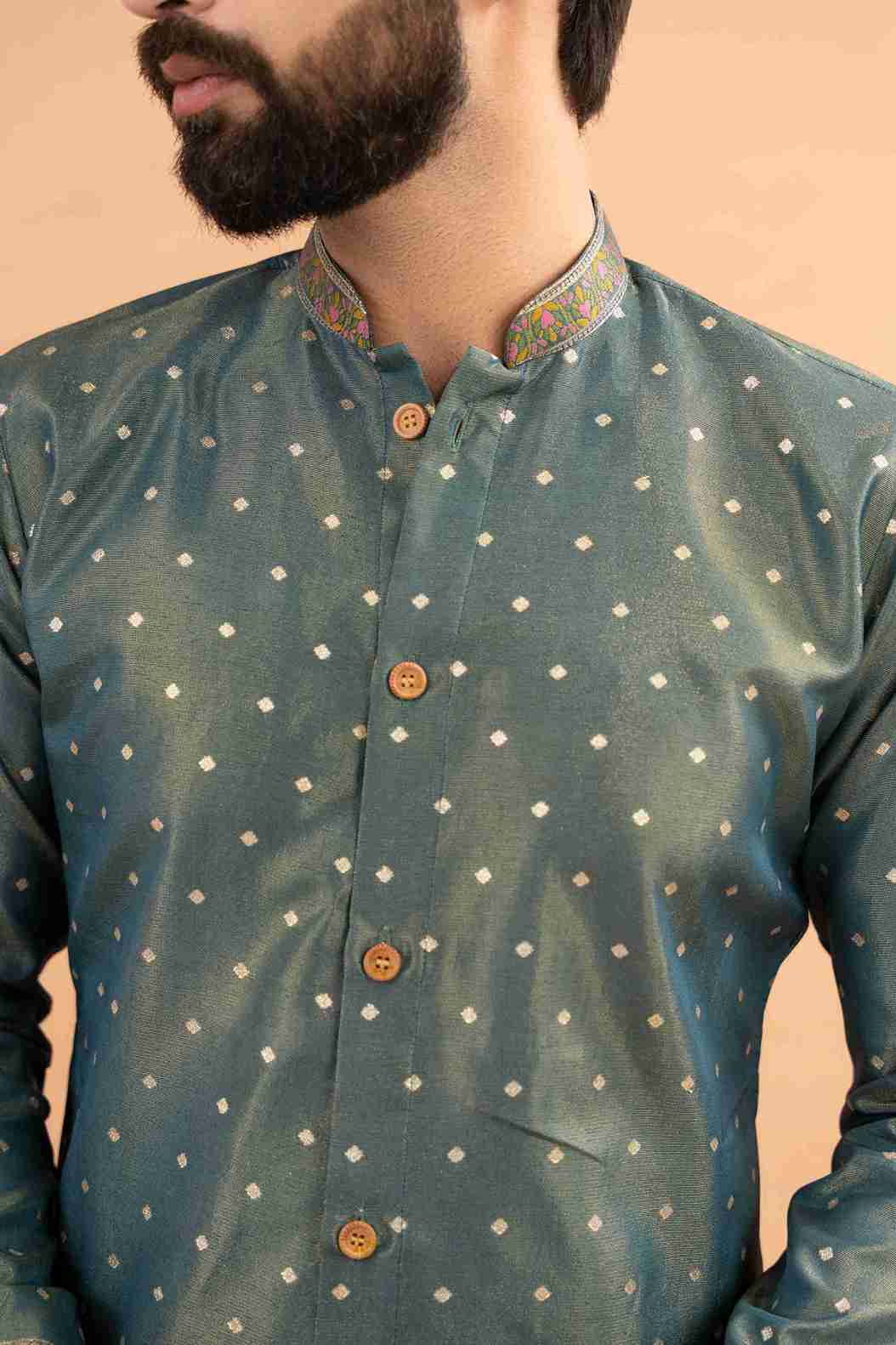 LIGHT GREEN FLOWER BOUQUET PATTERN JACQUARD DESIGNER INDO-WESTERN KURTA