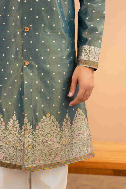 LIGHT GREEN FLOWER BOUQUET PATTERN JACQUARD DESIGNER INDO-WESTERN KURTA