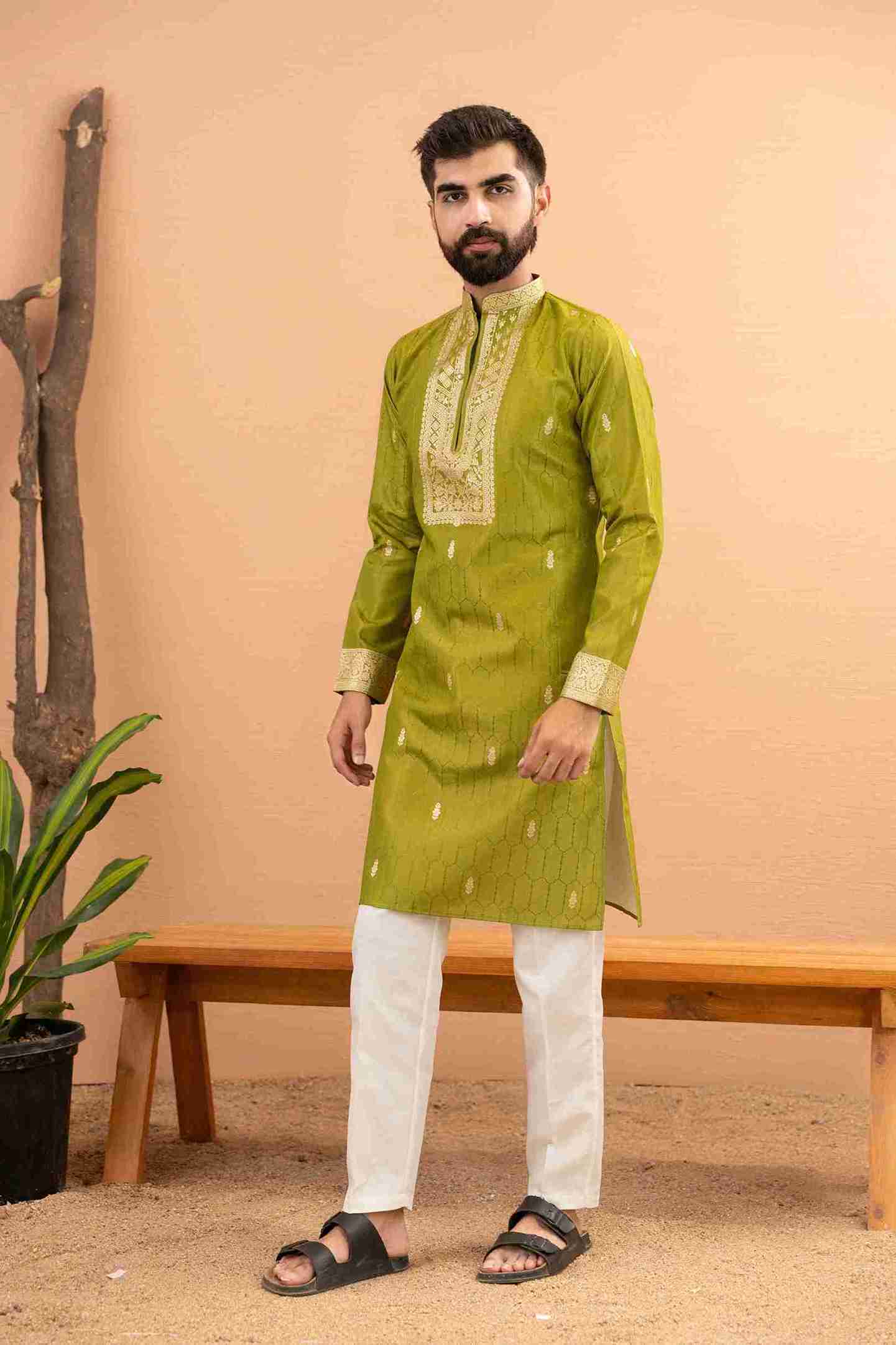 MAHENDI MONOGRAM FLOWER NECK JACQUARD DESIGNER KURTA