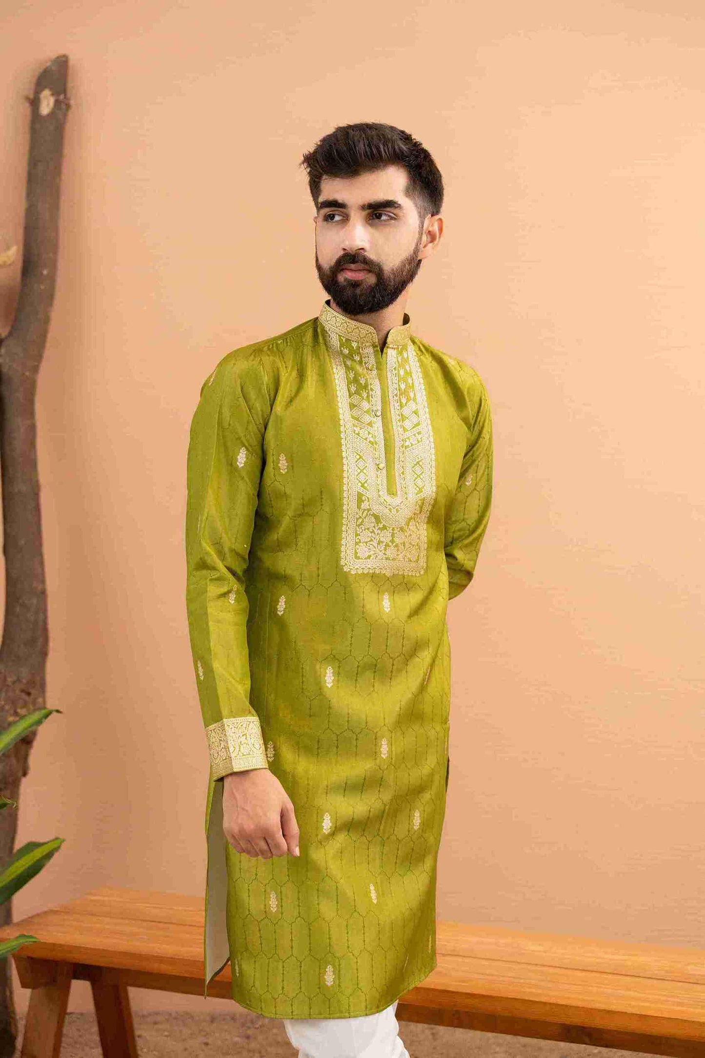MAHENDI MONOGRAM FLOWER NECK JACQUARD DESIGNER KURTA