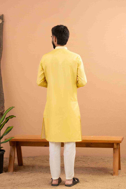 YELLOW MONOGRAM FLOWER NECK JACQUARD DESIGNER KURTA