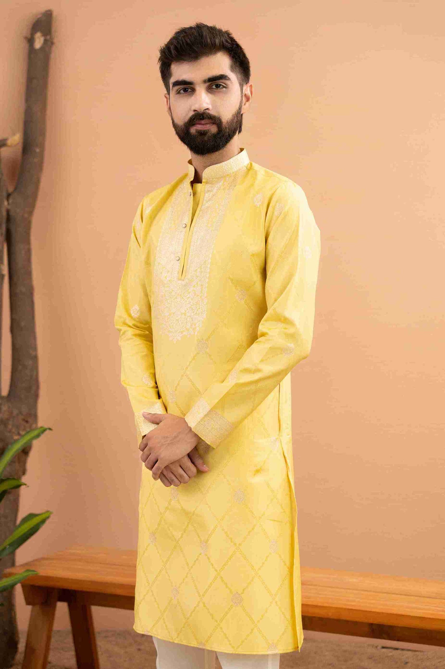 YELLOW MONOGRAM FLOWER NECK JACQUARD DESIGNER KURTA