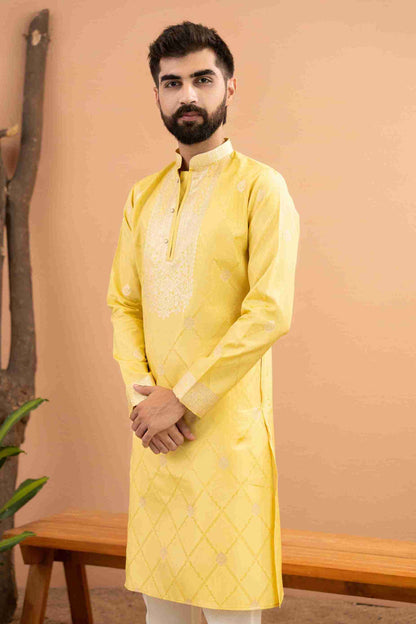 YELLOW MONOGRAM FLOWER NECK JACQUARD DESIGNER KURTA