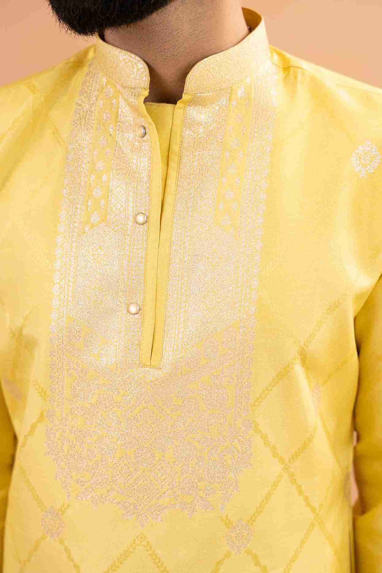 YELLOW MONOGRAM FLOWER NECK JACQUARD DESIGNER KURTA