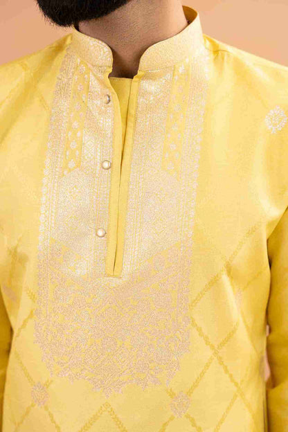 YELLOW MONOGRAM FLOWER NECK JACQUARD DESIGNER KURTA