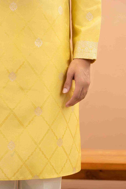 YELLOW MONOGRAM FLOWER NECK JACQUARD DESIGNER KURTA