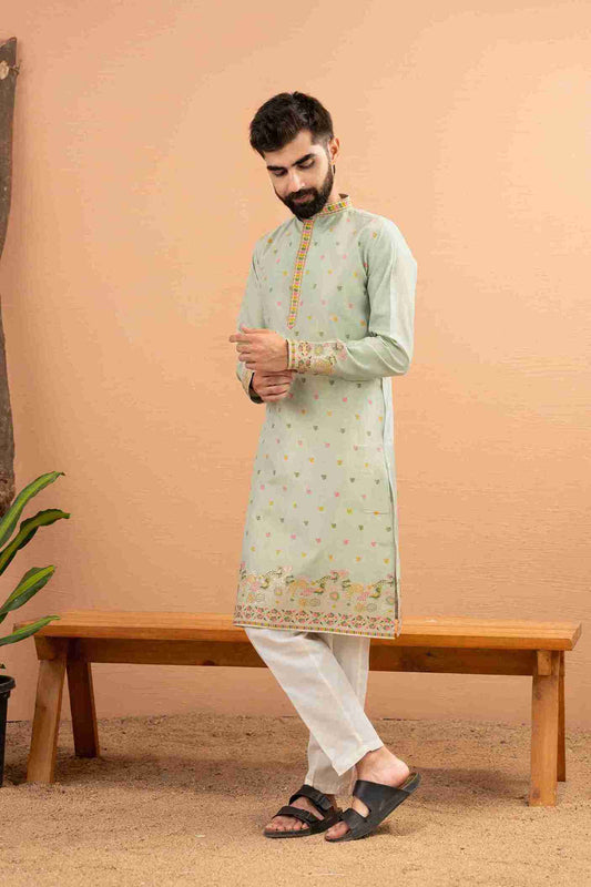 PISTA PEACOCK FLOWER PATTERN JACQUARD DESIGNER KURTA