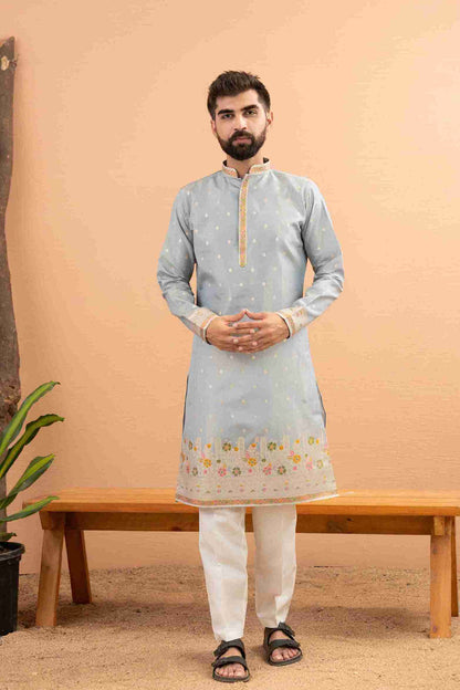 GREY PILLAR WITH FLOWERS PATTERN JACQUARD DESIGNER KURTA