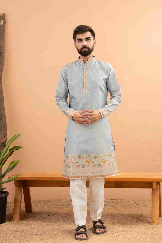 GREY PILLAR WITH FLOWERS PATTERN JACQUARD DESIGNER KURTA