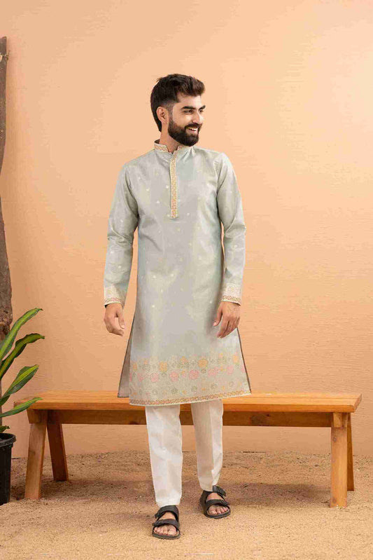 LIGHT C-GREEN FLORAL AND GEOMETRIC PATTERN JACQUARD DESIGNER KURTA