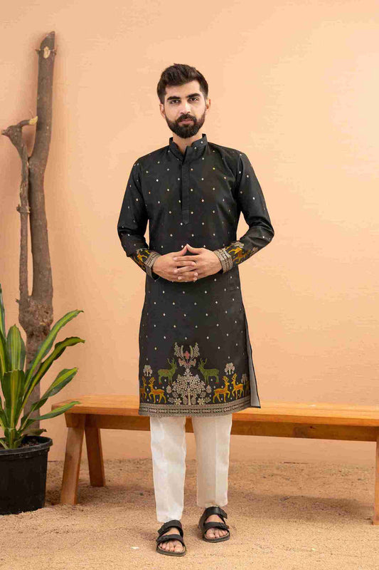 BLACK DEER PATTERN JACQUARD DESIGNER KURTA