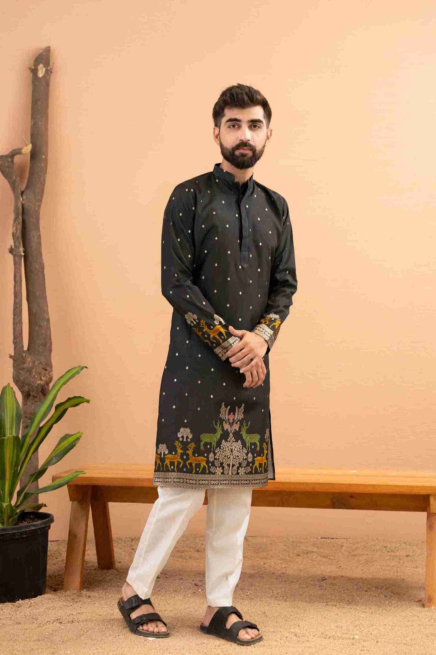 BLACK DEER PATTERN JACQUARD DESIGNER KURTA