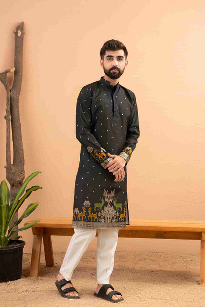 BLACK DEER PATTERN JACQUARD DESIGNER KURTA