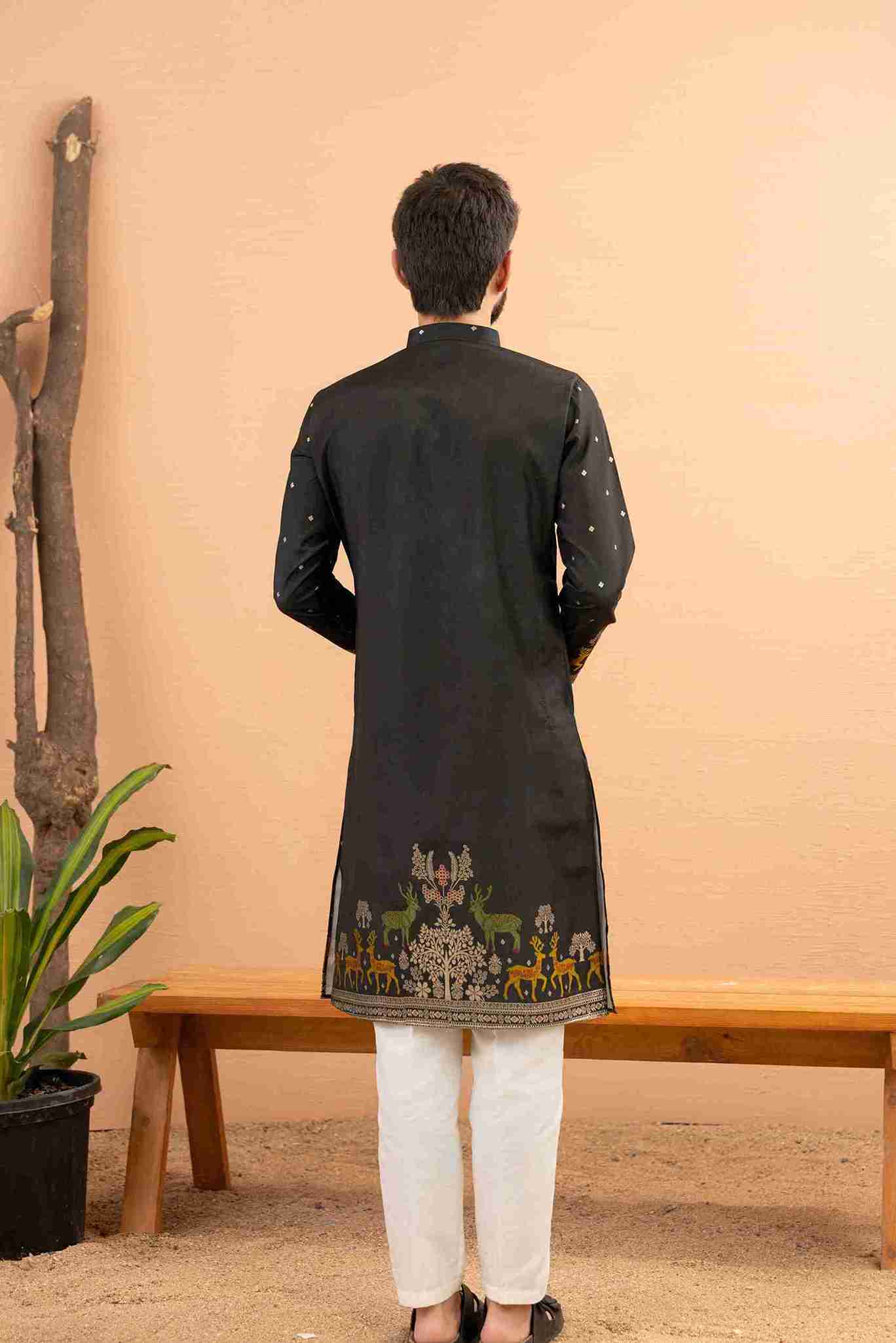BLACK DEER PATTERN JACQUARD DESIGNER KURTA