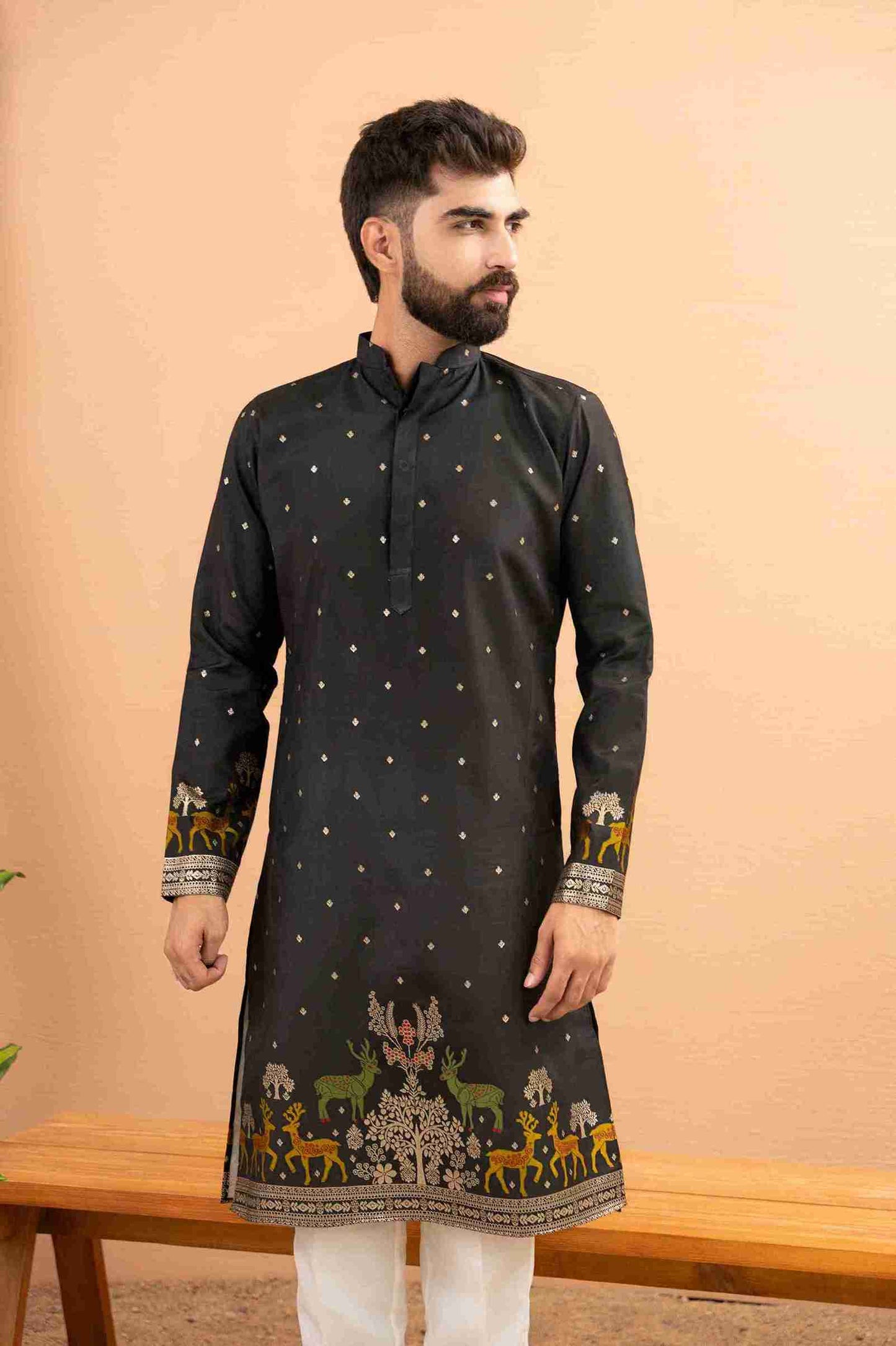 BLACK DEER PATTERN JACQUARD DESIGNER KURTA