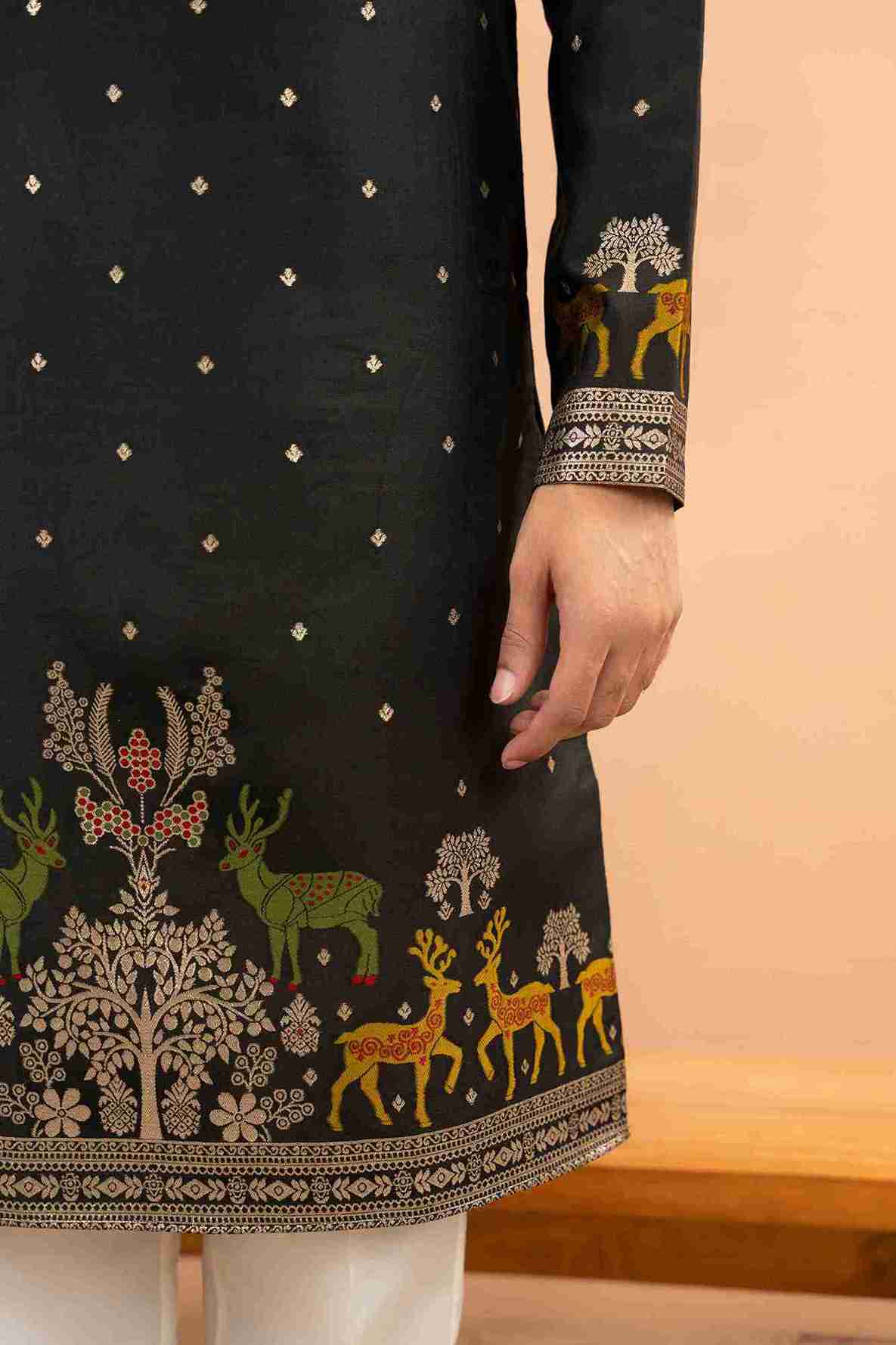 BLACK DEER PATTERN JACQUARD DESIGNER KURTA