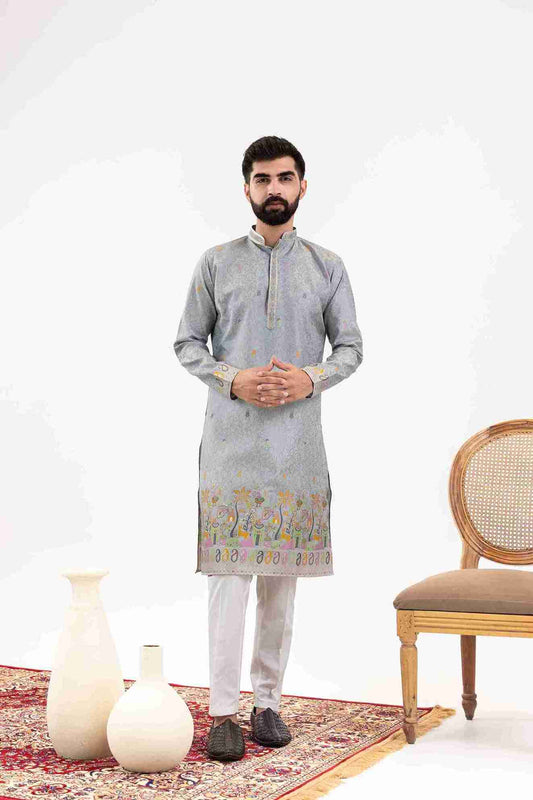STEEL GREY VILLAGE PATTERN JACQUARD DESIGNER KURTA