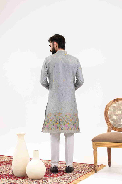 STEEL GREY VILLAGE PATTERN JACQUARD DESIGNER KURTA