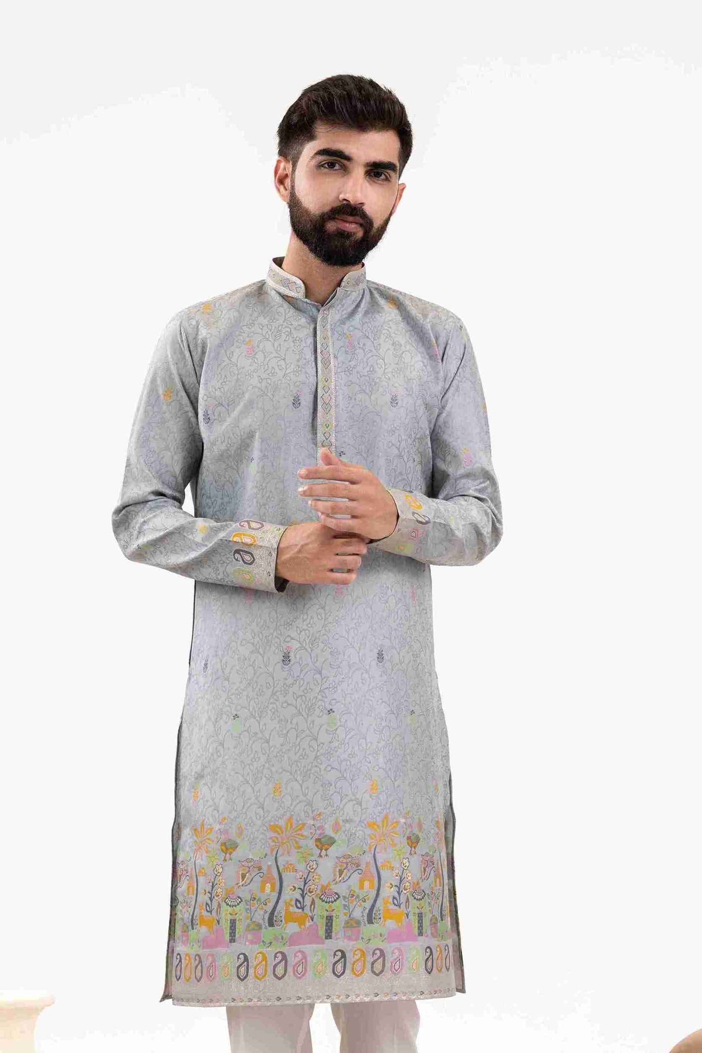 STEEL GREY VILLAGE PATTERN JACQUARD DESIGNER KURTA