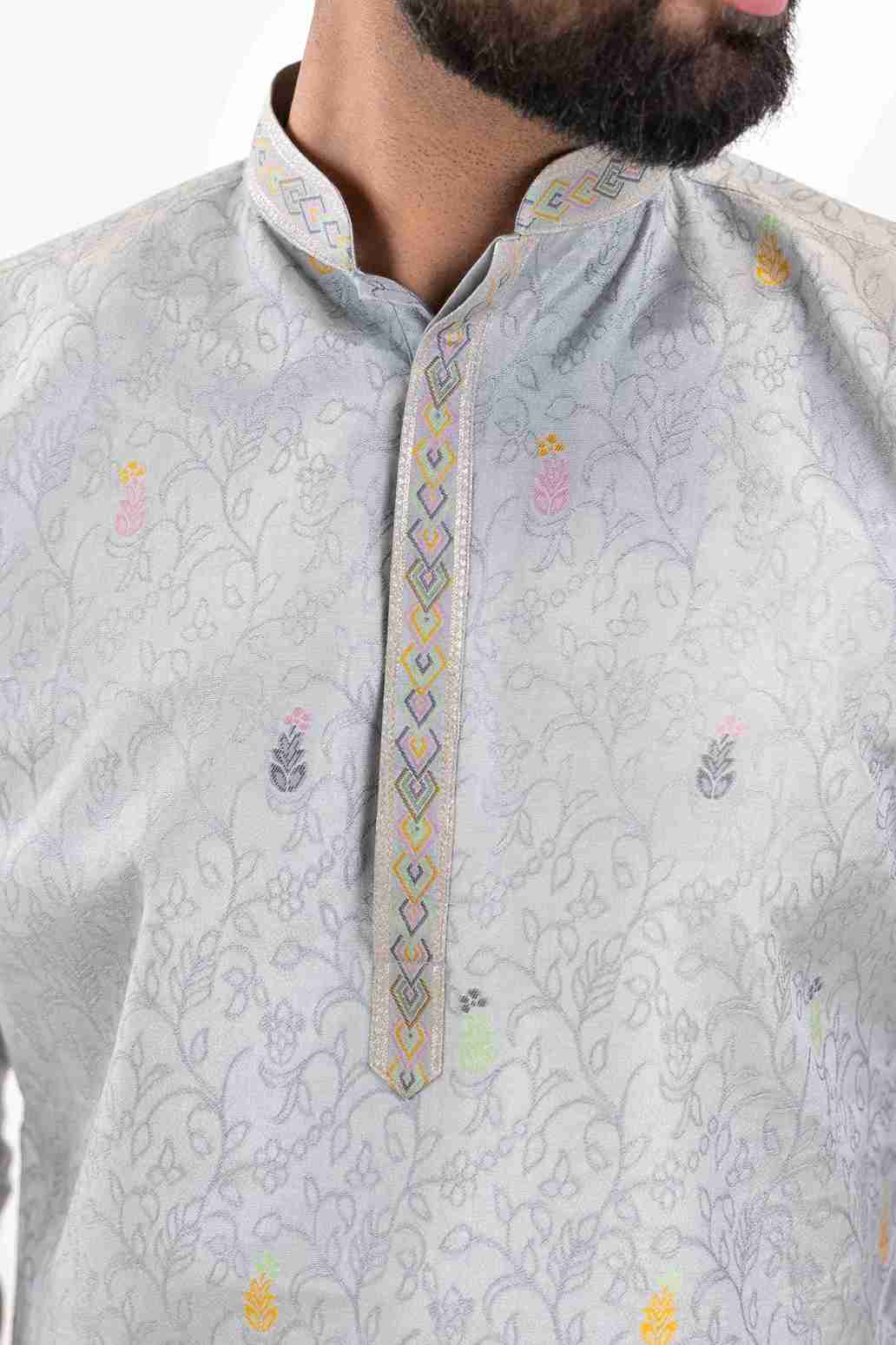 STEEL GREY VILLAGE PATTERN JACQUARD DESIGNER KURTA