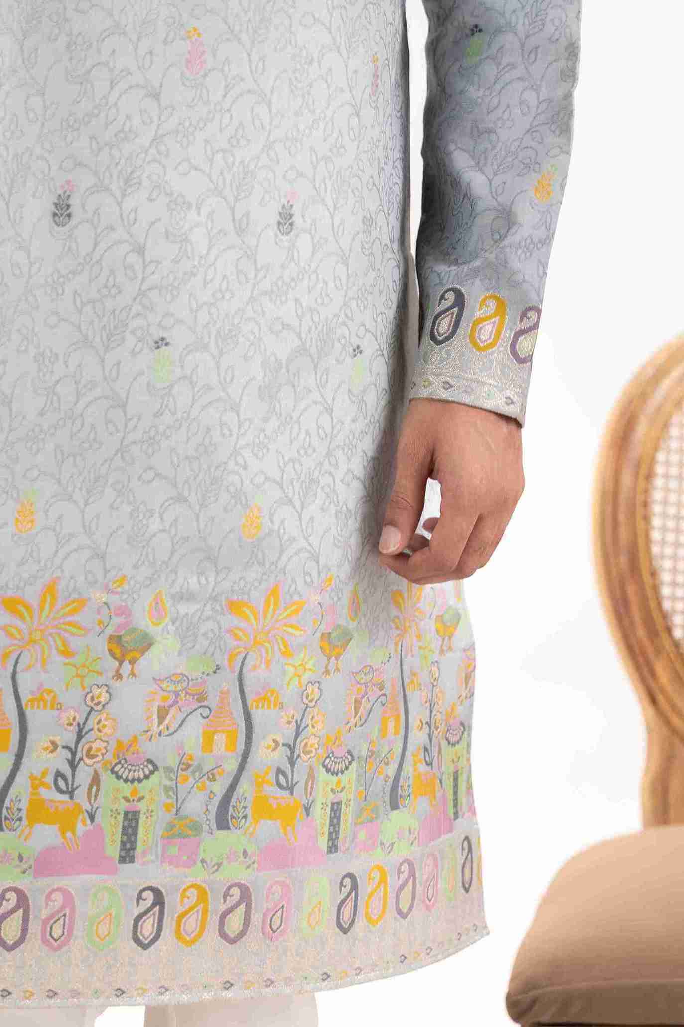 STEEL GREY VILLAGE PATTERN JACQUARD DESIGNER KURTA